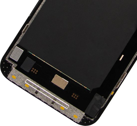 Detailopname van de onderkant van een zwart iPhone 13 Pro Max schermunit met connectoren.