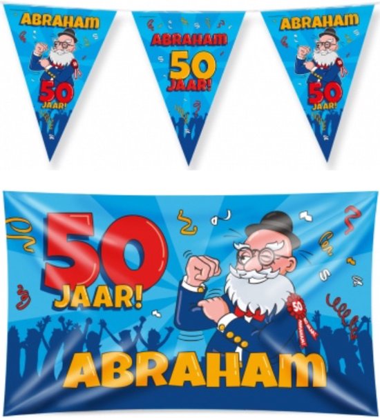 Pack décoration 50e anniversaire Abraham - drapeau - drapeau de façade - dessin animé - paperdreams
