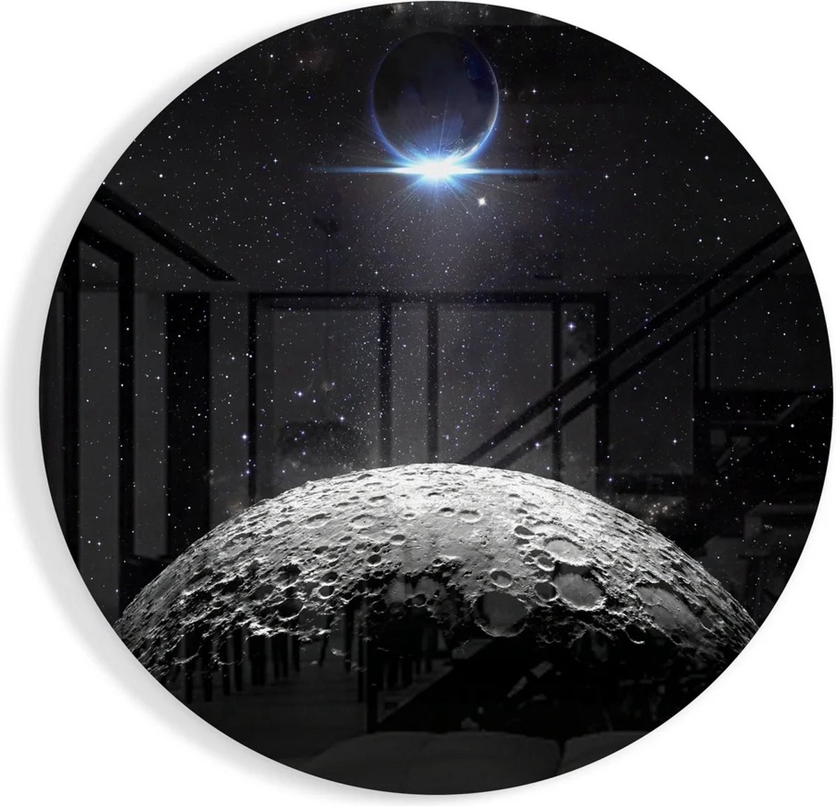 Insigne Art Ronde Glasschilderij - De Maan - Ruimte - 80x80x0.4 cm Zwart