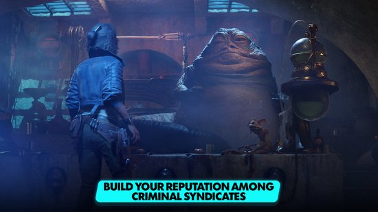 Een vrouw staat voor Jabba the Hutt, een grote, slijmerige alien, in een donkere ruimte. Een kleine rode alien ligt op de grond.