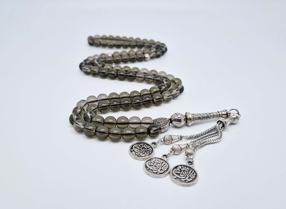 Handgemaakte tesbih "Tasbih" natuursteen " Rookkwarts" - Aantal kralen 99 - Diameter kralen 8MM - met metaal tassel "Qul aeuidh biallah" - Een mooi cadeau-idee