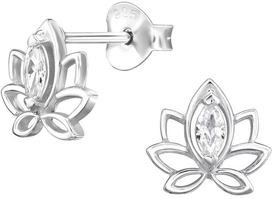 Joy|S - Zilveren lotus bloem oorbellen - lotus met marquise zirkonia - 9 x 8 mm - sterling zilver 925