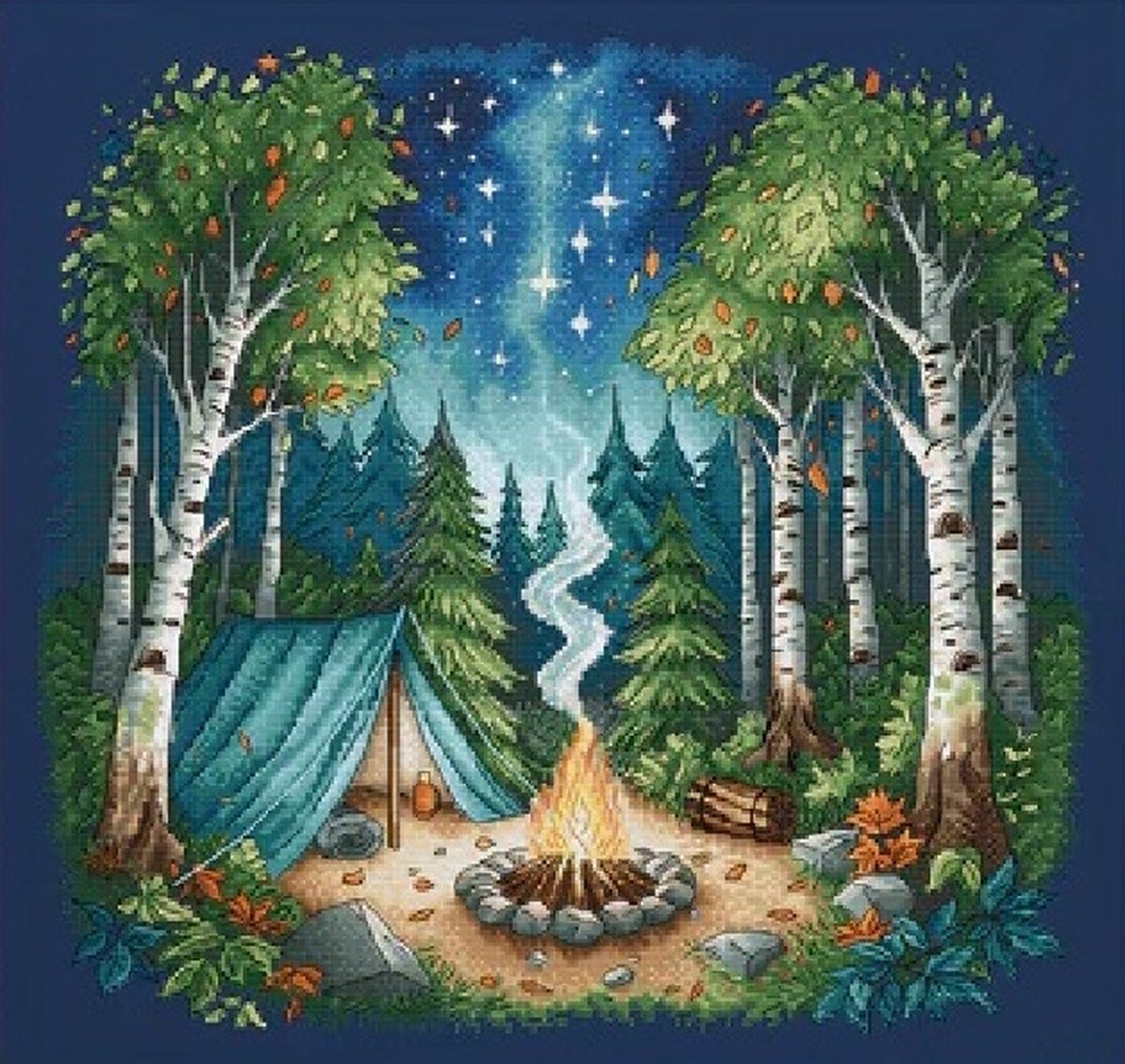 Borduurpakket AVA Stitch - Camp in the Forest - Kamp in het Bos - donkerblauwe stof