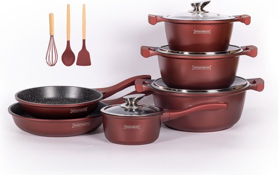 Royalty Line® BS1010 Pannenset Inductie - 13 Delige Pannensets - PFOA & PTFE Vrij - Set met Kookpotten, Koekenpannen & Steelpan - Pannen Voor Alle Warmtebronnen - Bordeaux