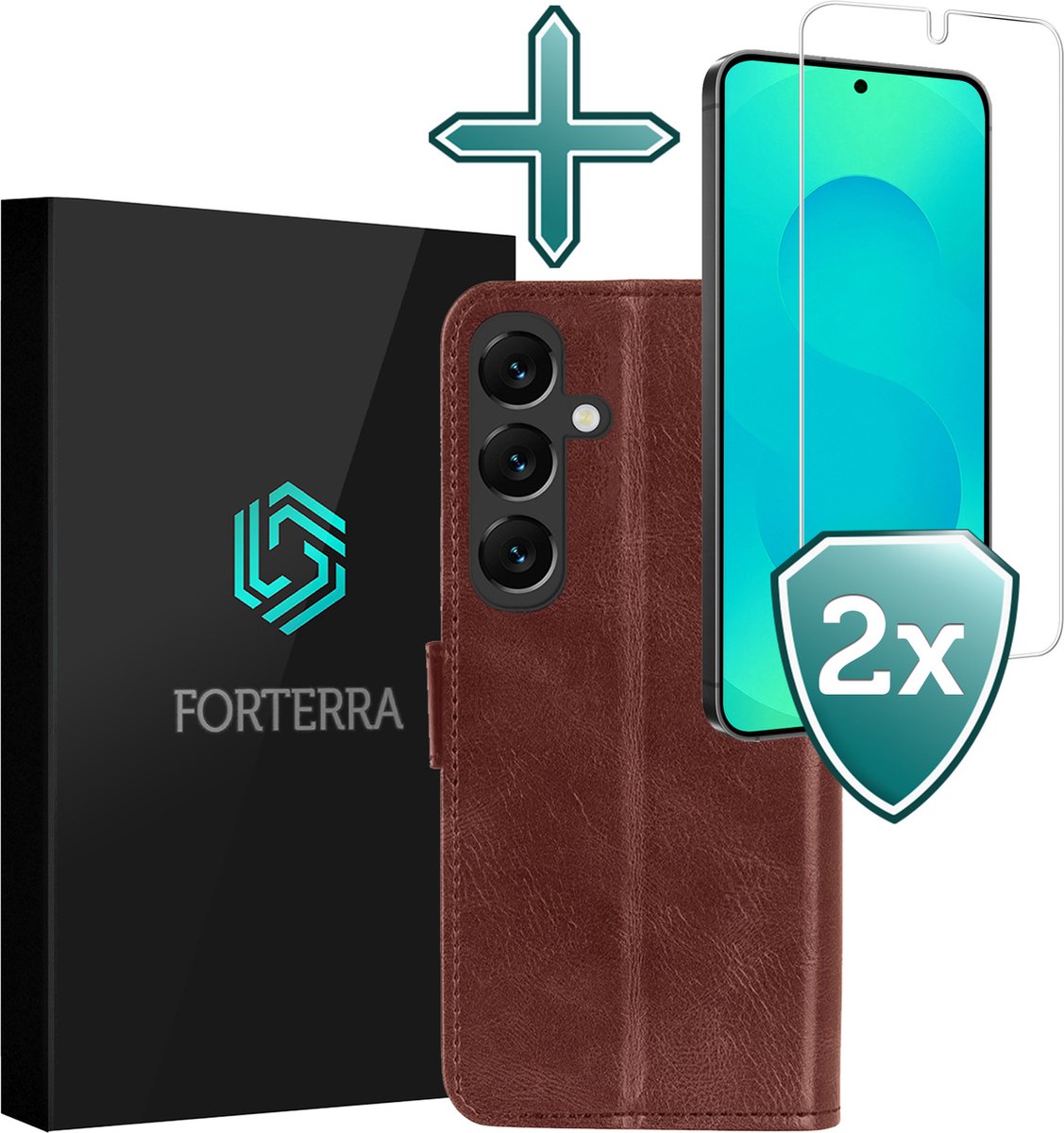 Hoesje Met 2x Screenprotector - Geschikt voor Samsung Galaxy S25 Plus - Luxe Pasjeshouder - Flip Case - Bookcase Portemonee - Kunstleer Book Case - Flipcase Hoes - Book Cover - Walletcase - Portemonneehoes - Bruin