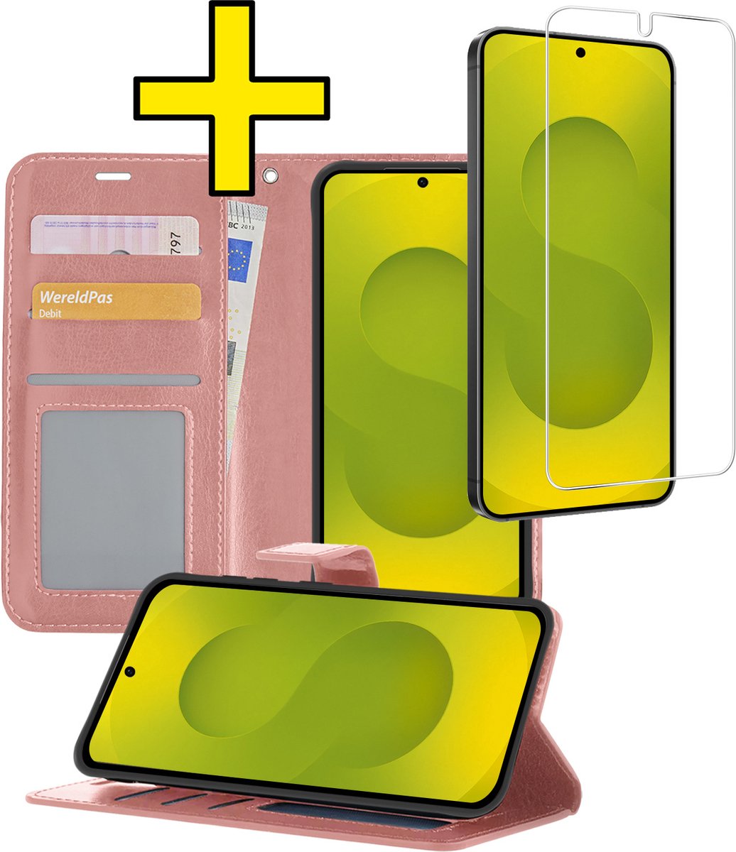 Hoesje - Met Screenprotector - Geschikt voor Samsung Galaxy S25 - Luxe Pasjeshouder - Bookcase Portemonee - Flip Case - Kunstleer Book Case - Flipcase - Book Cover - Walletcase - Portemonneehoes - Telefoonhoesjes - Rosé goud