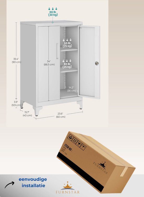Afmetingen en gewichtslimieten van een witte metalen kast met één open deur.