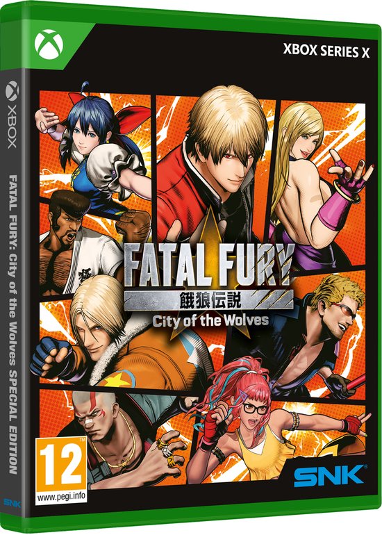 Speciale editie cover van Fatal Fury: City of the Wolves voor Xbox Series X met de personages Kyo Kusanagi, Terry Bogard, Mai Shiranui, Rock Howard, Marco Rodriguez, Billy Kane, Hotaru Futaba en Preecha.