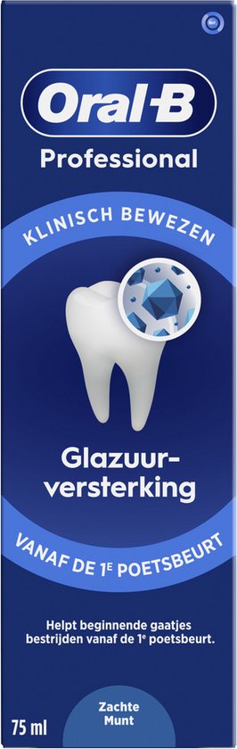 Oral-B Professional tandpastadoos, glazuurversterking, zachte munt. Klinisch bewezen. Blauwe doos met tand-icoon.