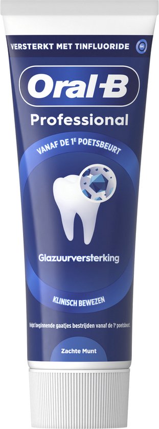 Tube Oral-B Professional tandpasta, versterkt met tinfluoride, voor glazuurversterking, zachte munt smaak.