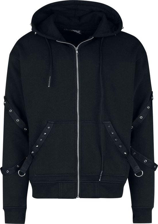 Zwarte hoodie met rits, capuchon, studs en banden met ringen op de mouwen en borst.