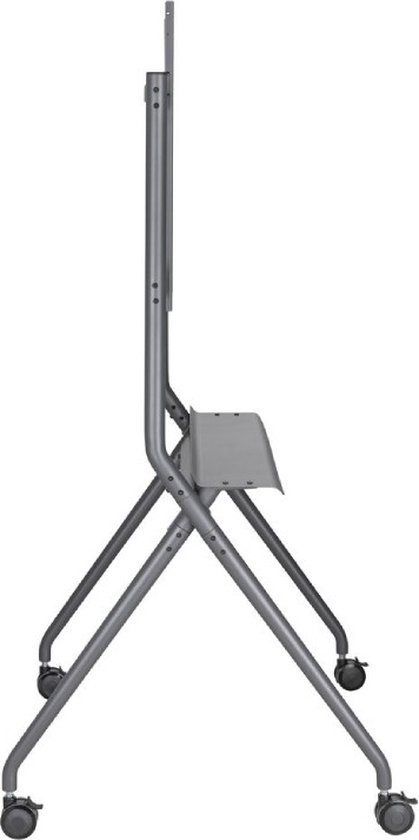 Vue latérale d'un support TV gris avec roulettes et étagère multimédia, au design pliable.