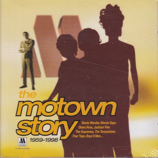 De voorkant van de CD 'The Motown Story' 1959-1998 met silhouetten van zangers en de tekst 'the motown story'.