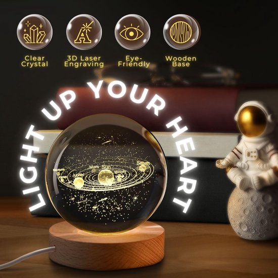 3D Kristallen Bal Zonnenstelsel - Nachtlampje - LED Glas Licht Hologram lamp met Massief Houten Basis - Nachtlamp - Cadeau idee - Verlichting - USB aansluiting - Woondecoratie van Mokes. — afbeelding 4