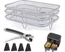 Set van 8 stuks - Airfryerrek - RVS rooster - Rechthoekige Airfryermandlade - Met clips en vier verhoogde pootjes - Voor Airfryers met dubbele manden - Gemakkelijk schoon te maken en te onderhouden