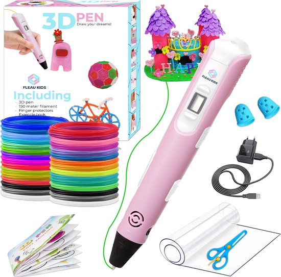 Fleau Kids 3D Pen Starterspakket Roze XL - 75m Filament - 15 Kleuren Vullingen + Vele Extra's - 2025 USB-C Model - Knutselen en Tekenen - 3D Printen - Tekenset