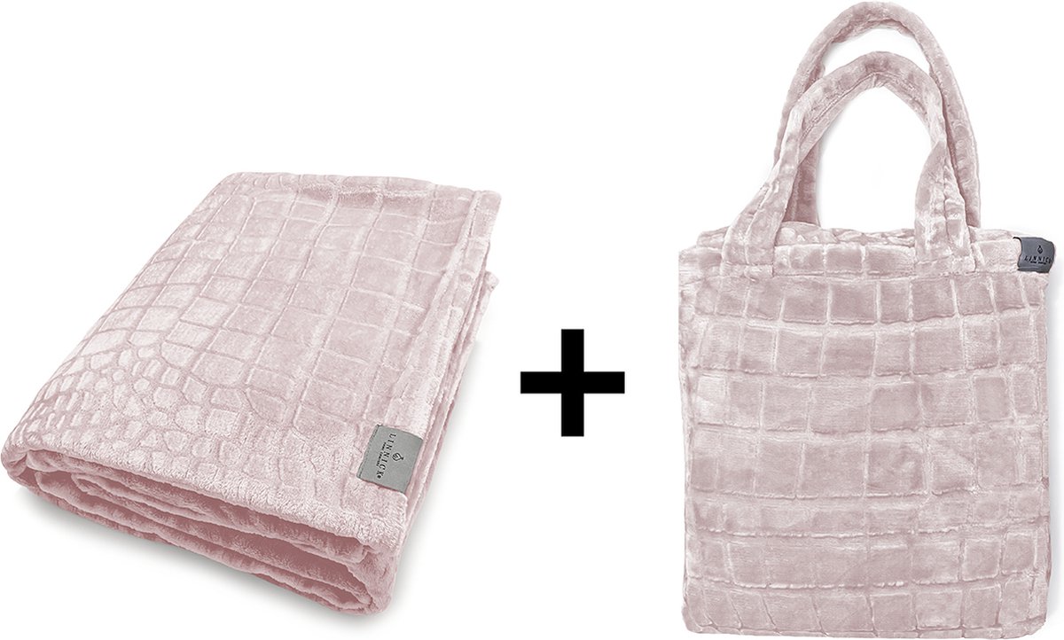 LINNICK Flanel Fleece Deken Crocodile - Light Pink - 200x220cm - Fleece Plaid - Fleece Deken 200x220