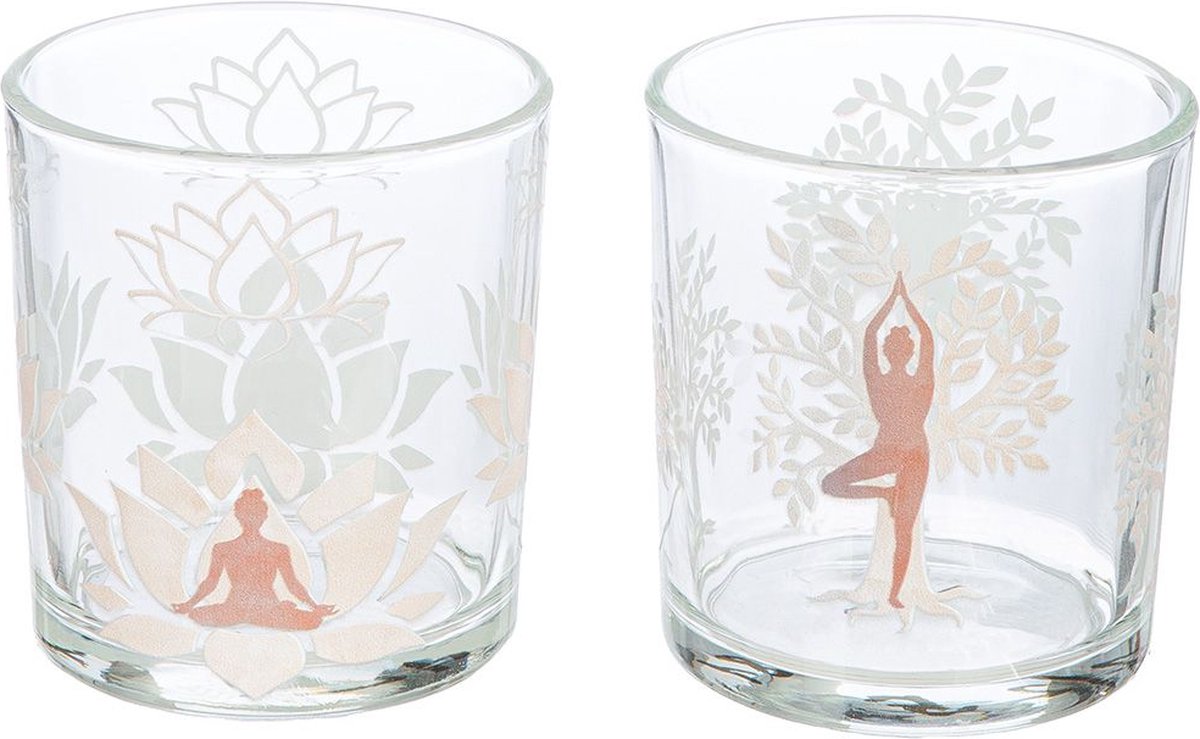 Gilde Handwerk - - Set van 2 - Windlichten - Waxinelicht - Namaste - Yogamotief - 13x10cm