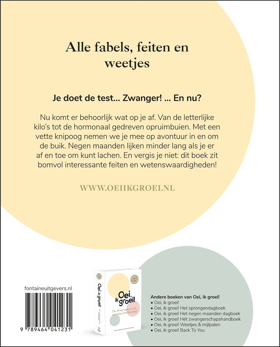 Boekomslag met de titel 'Alle fabels, feiten en weetjes' en 'Je doet de test... Zwanger! ... En nu?' met een subtiele illustratie.