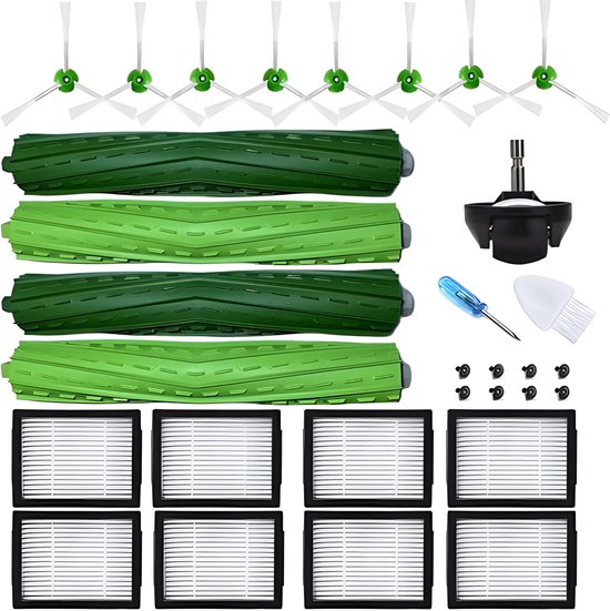 Een set robotstofzuigeronderdelen: 8 side brushes, 4 groene borstelrollen, 1 zwarte voorwielbehuizing, 1 blauwe schroevendraaier, 1 witte borstel, 8 schroeven en 8 filters.