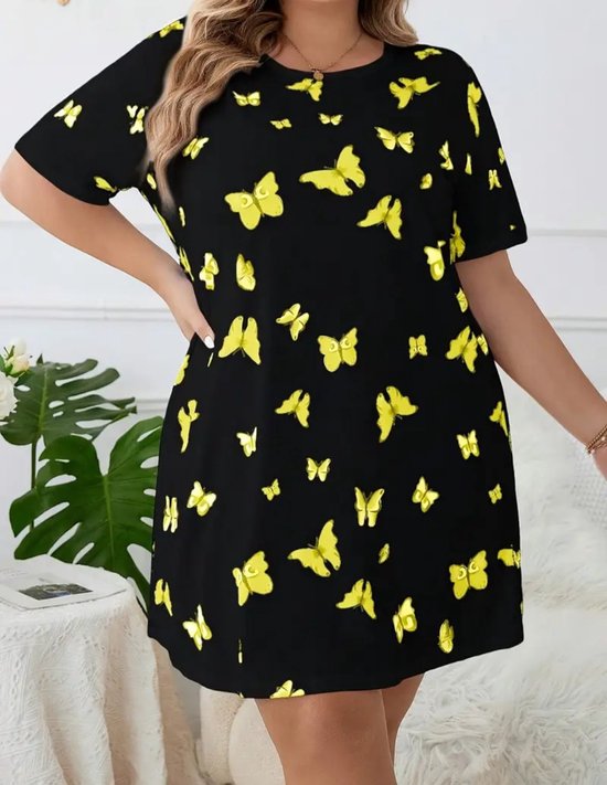 Schattige pyjama nachtjurk zwart met vlinders plus size grote maat 4XL eu 52