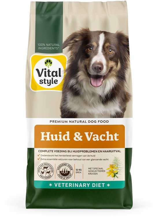 VITALstyle Hond Huid & Vacht - Hondenbrokken - Ondersteunt Bij Huidproblemen En Extreem Verharen - Met o.a. Mariadistel & Heermoes – 12 kg