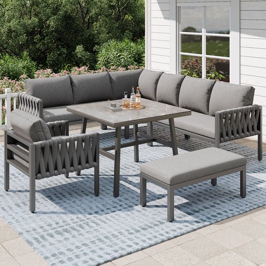 Tuinset met verzinkt ijzeren frame, grijze touw loungeset, verstelbare poten, glazen tafelblad, inclusief kussens