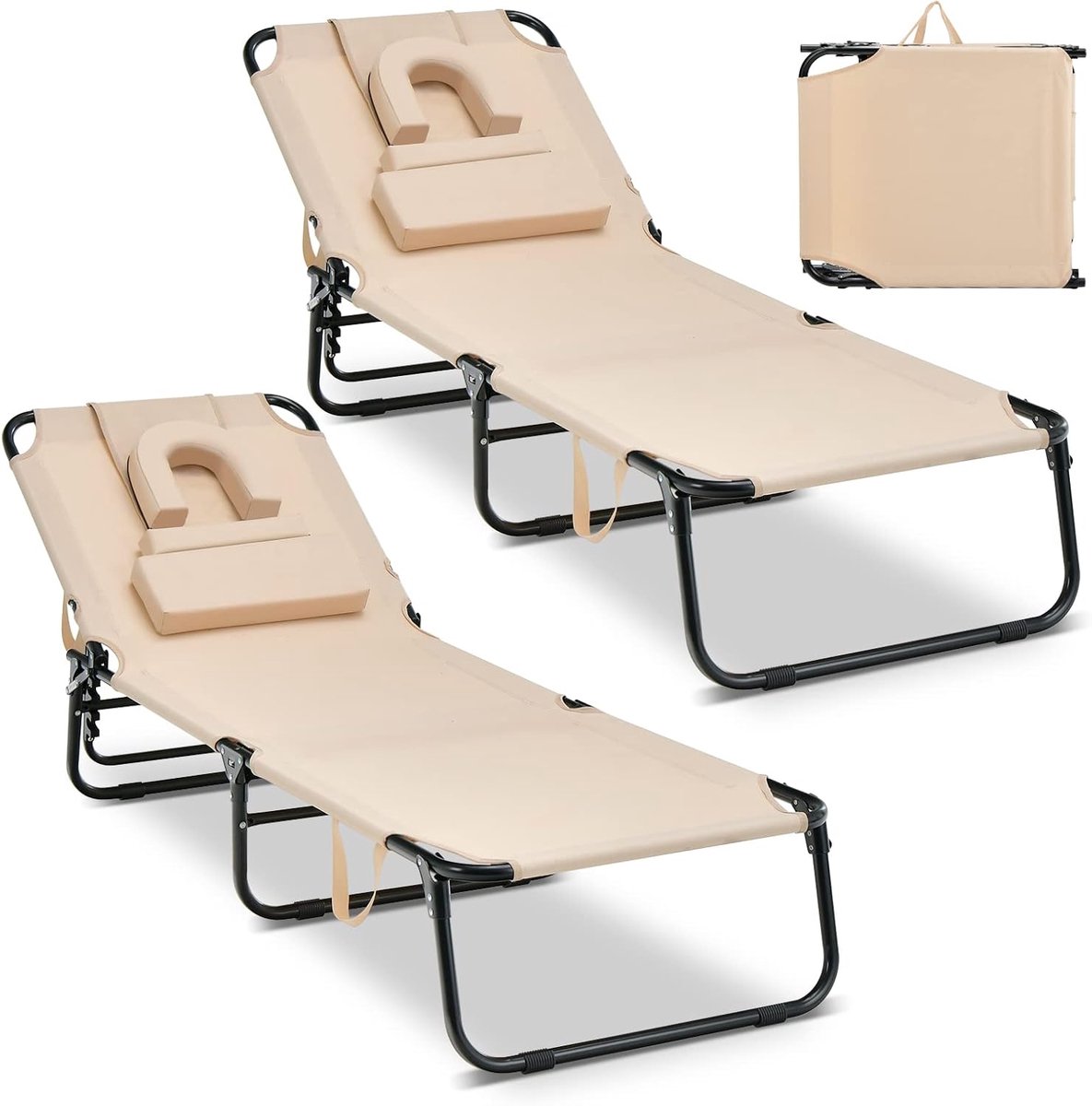COSTWAY Zonneligstoel met gezichtsopening, inklapbare ligstoel met 3 afneembare kussens en 5-voudig verstelbare rugleuning, strandstoel, ligstoel voor tuin en zwembad, beige