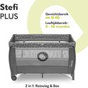 Een grijs babybedje met de tekst 'Stefi PLUS' en informatie over gewicht en leeftijd.