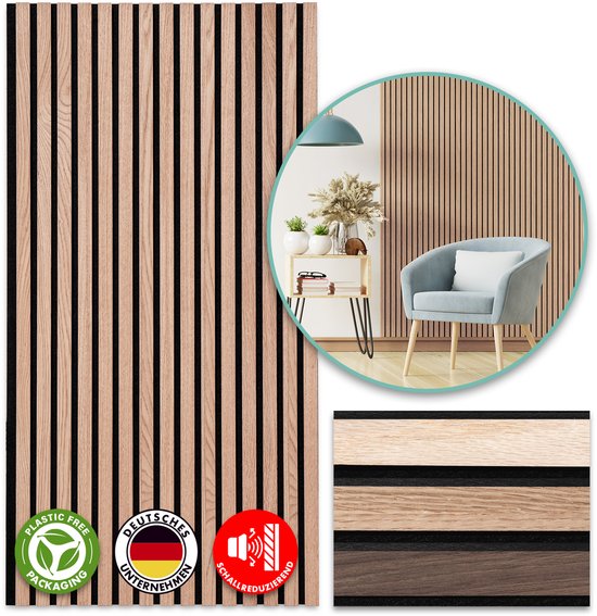 Panneau acoustique FLOORDIREKT - Panneaux muraux en placage bois véritable - Pour une acoustique agréable - Mur à lattes - Panneaux muraux comme isolation phonique - Chêne rouge - 118 x 60 cm