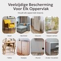 Collage van meubels en oppervlakken die beschermd kunnen worden: stoel, bankstel, deuren, ramen, tafels, kastjes, muren. Tekst: 'Veelzijdige Bescherming Voor Elk Oppervlak'.