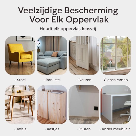 Collage van meubels en oppervlakken die beschermd kunnen worden: stoel, bankstel, deuren, ramen, tafels, kastjes, muren. Tekst: 'Veelzijdige Bescherming Voor Elk Oppervlak'.