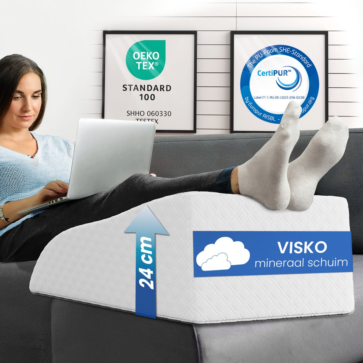 ELONEO Beenkussen - Wigkussen van Visco-geheugenschuim, Ergonomisch Steunkussen, Vermoeide Benen Verhoger, Wasbare Jacquard Hoes, 62 x 40 x 24 cm, Wit