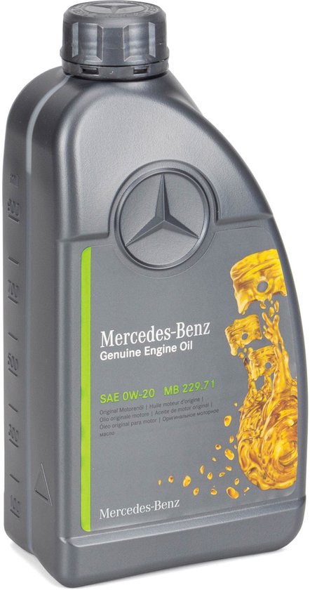 Grijze fles Mercedes-Benz 0W-20 motorolie met groene label en gouden illustratie van motoronderdelen.