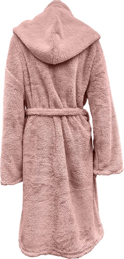 Peignoir en polaire teddy rose pâle avec capuche et ceinture, vu de dos.