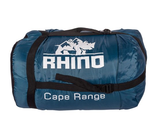 Donkerblauwe slaapzak, opgerold met zwarte banden. Rhino Cape Range logo.