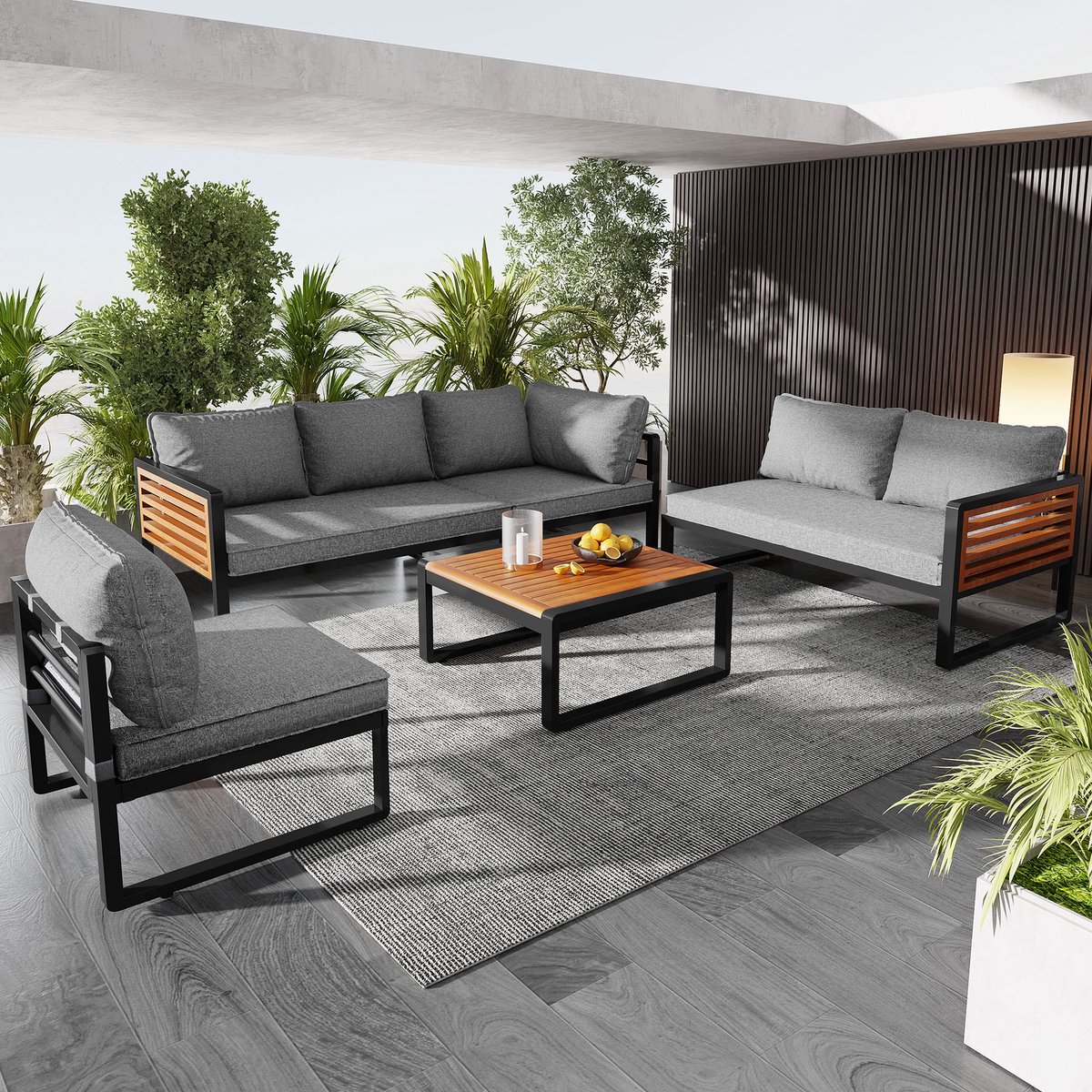 5-6 persoons Tuinset met verzinkt ijzeren frame, modern buitenbankje met houten armleuningen – foto 5
