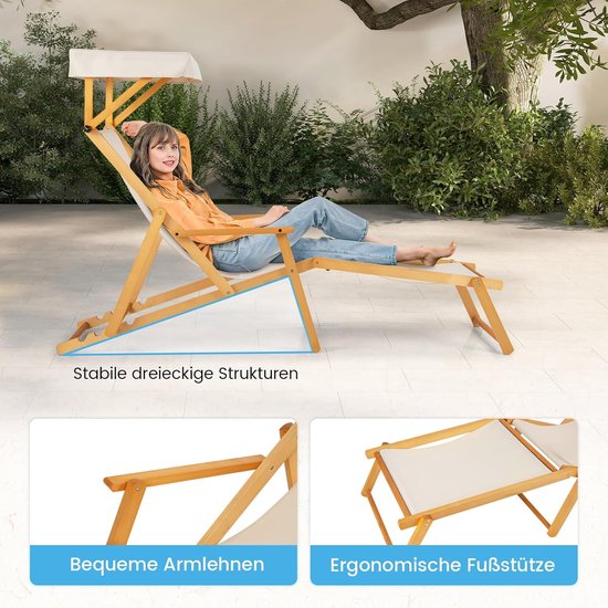COSTWAY Zonneligstoel met dak, inklapbare ligstoel met verstelbare rugleuning, houten ligstoel, terrasstoel, strandstoel met reserveonderdelen voor tuin, strand, zwembad van Costway — afbeelding 2