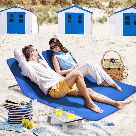 COSTWAY Set van 2 strandmatten met bijzettafel, hoofdkussen en opbergvak, ligmat met verstelbare rugleuning, opvouwbare zonmat, licht, draagbaar, strandstoel voor het strand (blauw) van Costway — afbeelding 5