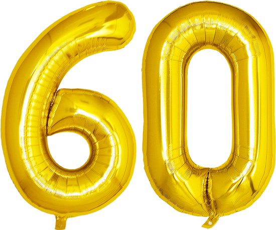Folie Ballon Cijfer 60 Jaar Goud Verjaardag Versiering Helium Cijfer Ballonnen Feest versiering Met Rietje - 86Cm