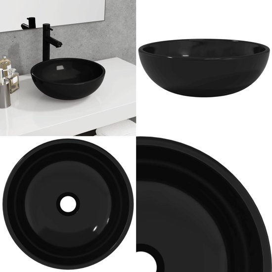 Collage d'un lavabo rond noir brillant en verre trempé.