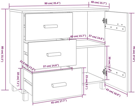 vidaXL Dressoir HAMAR 90x40x80 cm massief grenenhout wit - Dressoir - Dressoirs - Kast - Dressoirkast