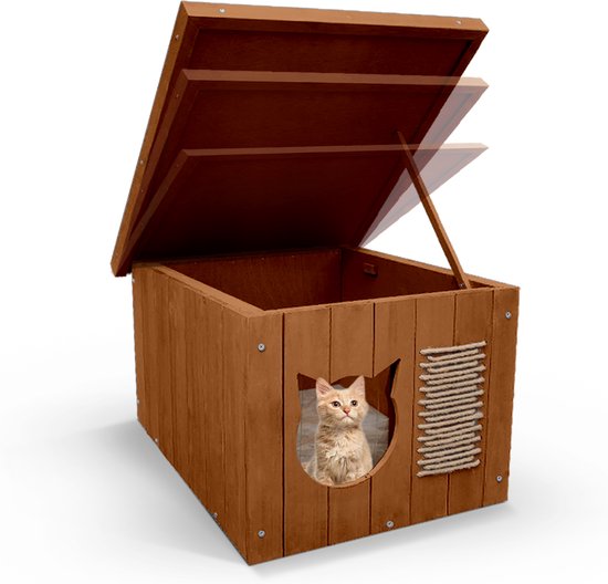 Houten kattenhuis met open dak, een kitten kijkt uit de kattenvormige opening.
