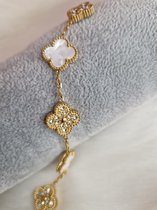 EHH BEAUTY - Klaverarmband - Wit - Goudkleur met steentjes - Lucky bracelet - Cadeau vrouw