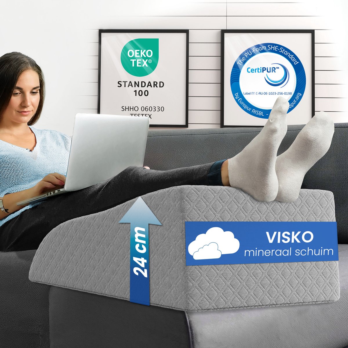 ELONEO Beenkussen - Wigkussen van Visco-geheugenschuim, Ergonomisch Steunkussen, Vermoeide Benen Verhoger, Wasbare Jacquard Hoes, 62 x 40 x 24 cm, Grijs