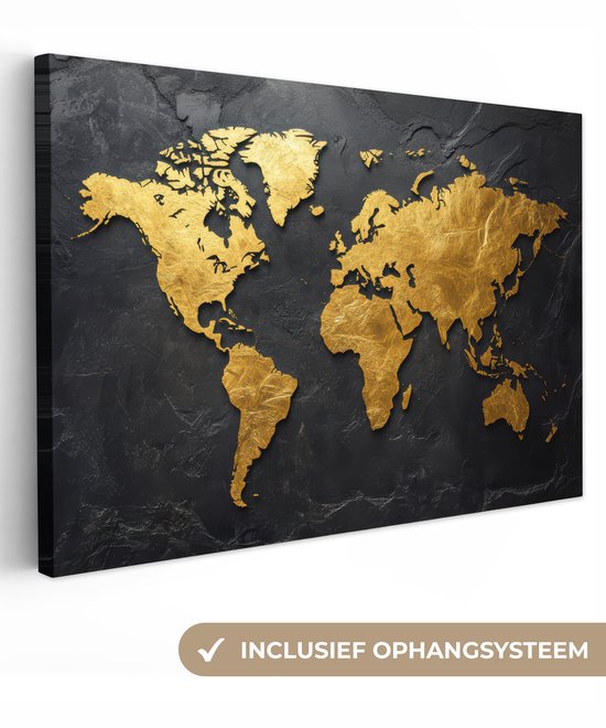 Canvas schilderij 120x80 cm - Exclusieve wanddecoratie Wereldkaart - Goud - Steen - Muurdecoratie woonkamer - Slaapkamer decoratie - Kamer accessoires - Schilderijen op canvas