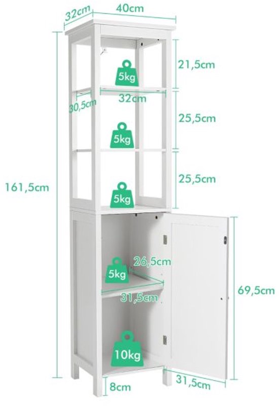 HEYZOEY Hoge badkamerkast, vrijstaande vloerkast, hoge opbergkast met deur, slanke badkameropslag voor badkamer, keuken, woonkamer, slaapkamer, balkon of kantoor, wit