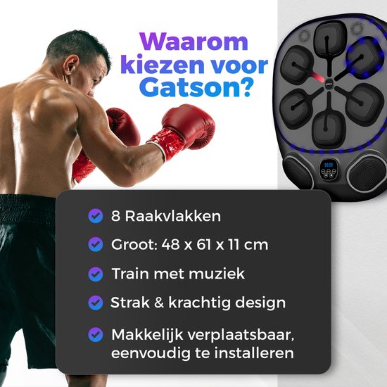 Man met bokshandschoenen die traint met de Gatson Pro Boksmachine. Kenmerken: 8 raakvlakken, groot formaat, muziek, design.