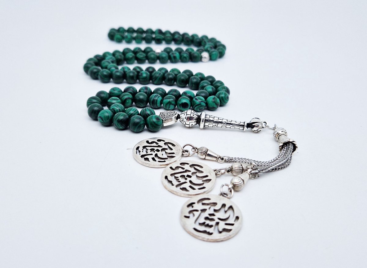 Handgemaakte tesbih "Tasbih" natuursteen "Malachiet" - Aantal kralen 99 - Diameter kralen 8MM - met metaal tassel "Masha' allah" - Een mooi cadeau-idee