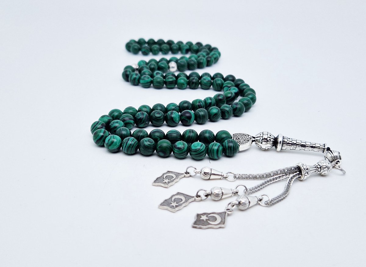 Handgemaakte tesbih "Tasbih" natuursteen "Malachiet" - Aantal kralen 99 - Diameter kralen 8MM - met metaal tassel "Turkiye" - Een mooi cadeau-idee